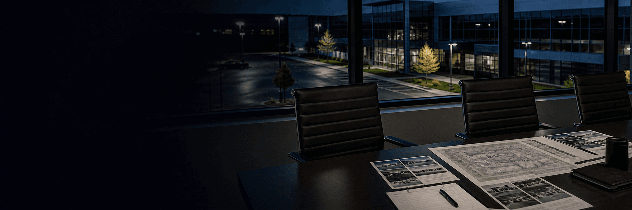 Empty security planning room with site maps and property reference materials on a conference table