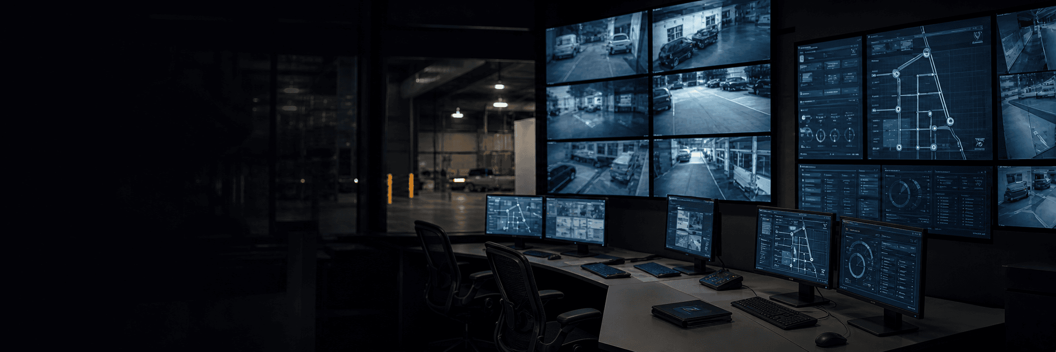 Empty security operations center with guard-tour, camera, and incident-reporting displays